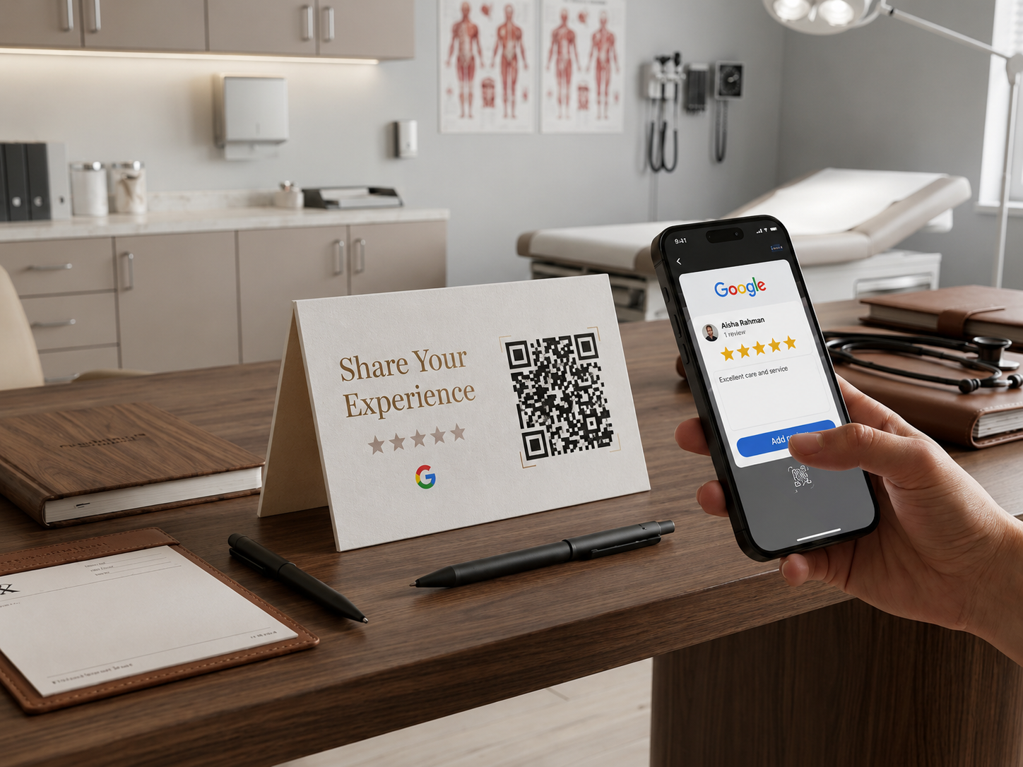 Doctor's Point Google Review QR card placed on clinic desk with patient leaving a review on smartphone